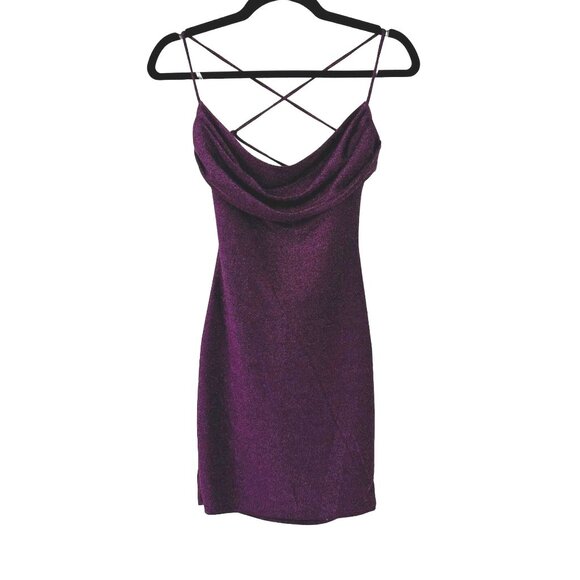 Lush Purple Metallic Drape Neck Bodycon Dress Size XS NWOT - Picture 1 of 10